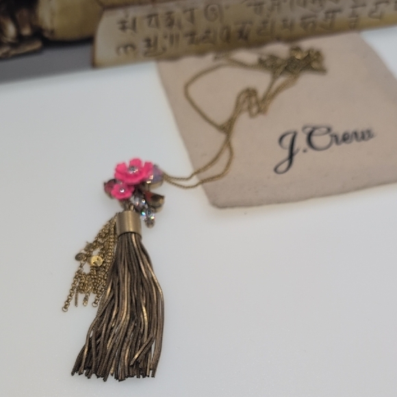 J. Crew Gold and Pink Tassel Necklace with Floral Charm - Picture 1 of 7